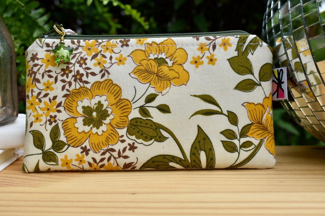 Zippy Pouch // Vintage Gold, Green, and Earth Flowers on Cream