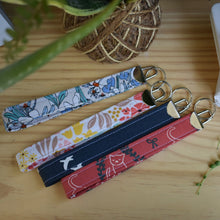 Load image into Gallery viewer, Organic Cotton Large Key Fob // orange cats, floral blue, floral multi, navy birds
